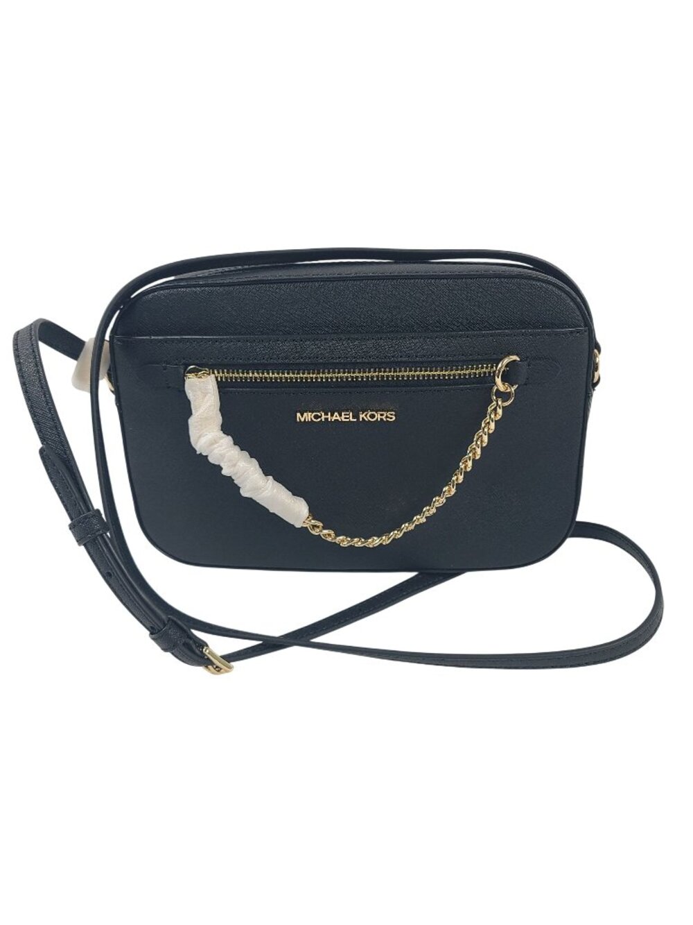 NEW Michael Kors Jet Set Black Crossbody Bag Gold Chain & Front Zipper Pocket